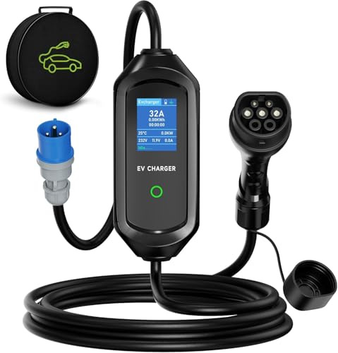 AFYEEV Typ 2 Ladekabel 7kW Mobile Wallbox, 5M/32A/1-Phasig CEE Stecker | Ladekabel Typ 2 Tragbares mit 6/8/10/13/16/20/24/32A Einstellbarer Ladeleistung & 1-15H Verzögertes Laden, IEC 62196-2