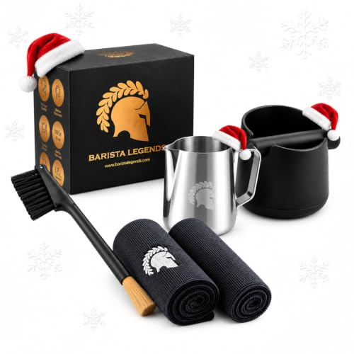 Barista Legends® Barista Zubehör (Sparset Basic) - Abklopfbehälter (mattschwarz), 2 Stück Microfaserlappen (schwarz/grau), Doppelbürste (schwarz), Milchkännchen 350 ml (silber)