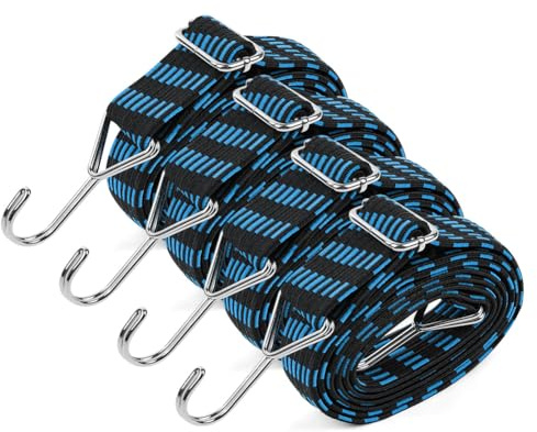vesshe Bungee Cords With Hooks, 4 Pack 1m Long, Adjustable Flat Rubber Bungee Straps Elastic Rope, Anti-slip Heavy Duty Straps Rope for Luggage Camping Pool Tents Roof Racks Moving Cargo