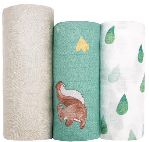 Hahaland Musselin Tücher Baby aus 100% Bambusfaser, 3er Set, Wald | 1×120×120 + 2×100×100 cm, Besonders Atmungsaktiv Weich, Stilltuch, Pucktuch, Baby Erstausstattung, Neugeborenen Geschenk