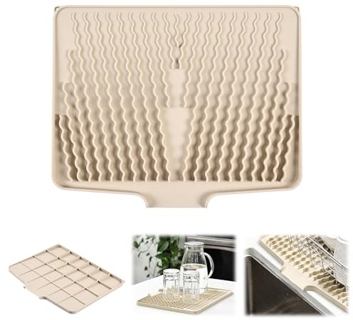 Abtropfmatte aus Silikon für Geschirr & Spüle, Beige, 40x33x1.5cm | Ohne Falten, Schrägdesign mit Ablauföffnung, hitzebeständig, rutschfest, dient als Abtropfschale