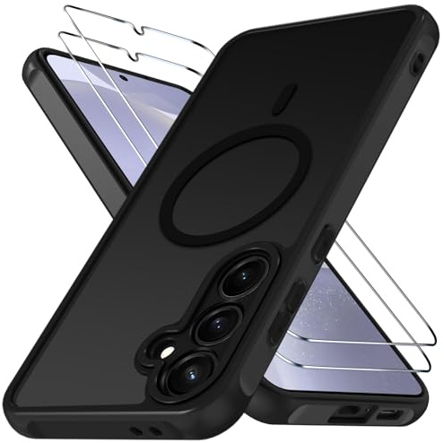 ivoler für Samsung Galaxy S24/S25 Hülle,mit 2 Panzerglas,Magsafe Schwarz | Eingebauter Magnetring,Militärschutz, stoßfest, Matt Durchscheinend Rückseite , vollständiger Kameraschutz, dünne Passform