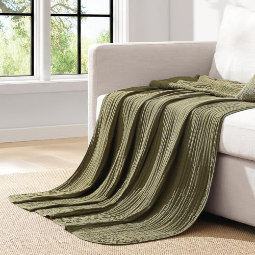 Topfinel Sommerdecke,100% Baumwolle Kuscheldecke,Dekorative Tagesdecke und Wohndecke Fur Sofa Weiche Musselin Decke 150x200 cm Olivgrün Blanket,Leichte Atmungsaktive Ganzjahresdecke