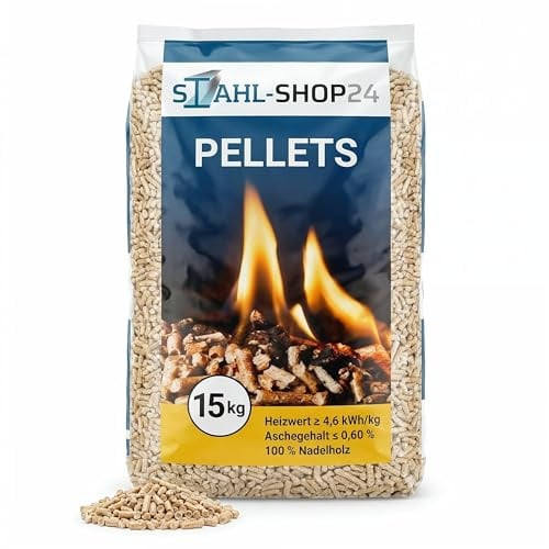 Stahl-Shop24 Holzpellets ENplus A1 15 kg – 6 mm Nadelholz, aschearm | Zertifiziert ENplus A1 (DE 045) & ISO 17225-2 – 6 mm Nadelholz, hoher Heizwert, aschearm, als praktische Sackware