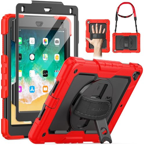SEYMAC Hülle für iPad 6./5. Gen 2018/2017 (9.7 Zoll), Stoßfeste Hülle für iPad Air 2/iPad Pro 9,7, mit Displayschutzfolie, Drehbarem Ständer und Handschlaufe, Schultergurt, Stifthalter, Rot