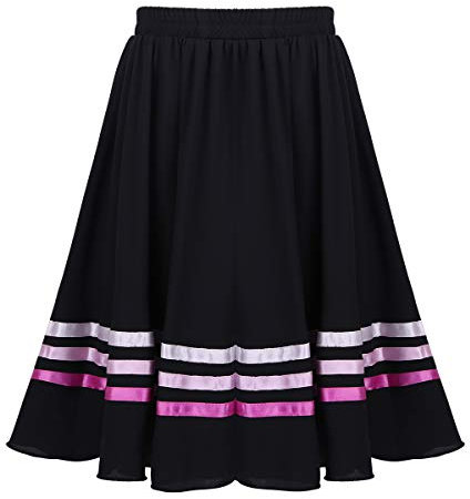 iEFiEL Mädchen Tanzrock Lang Chiffon Ballettrock Wickelrock Streifen Maxi Rock Tanzkleid für Ballett Latein Salsa Rumba Tanzbauch Sommer Kleid Schwarz&Rosa 128