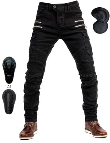 oFzimTo Motorrad-Jeanshose Für Herren, Sturzfeste Jeans Mit Geradem Bein Und 4 Arten Von Schutzausrüstung, Motorradhose Für Motorradrennfahrer (Black,XL)