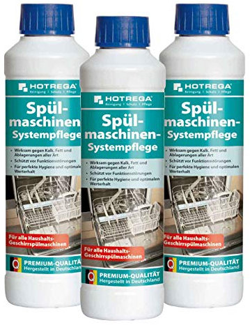 HOTREGA Spülmaschinenreiniger 3x 250 ml | Systempflege gegen Kalk Fett Ablagerungen | Selbsttätig wirksam für Hygiene und Werterhalt | Gebrauchsfertig