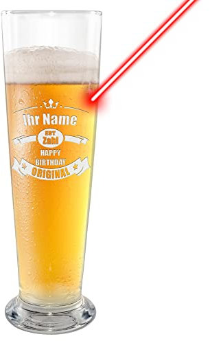 PR Print Royal Bier-Glas selbst gestalten - mit Name & Zahl gravieren - Happy Birthday - Geschenk für Freunde, Biertrinker, Geburtstag, Weihnachten, 300 ml I Gravur