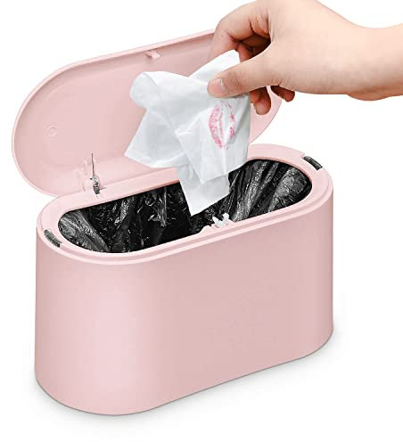 GOCUODE - Cubo de basura de mesa con tapa con pulsador para cuarto de baño, oficina, dormitorio y cocina, color rosa