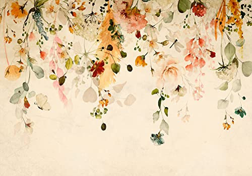 decomonkey Fototapete selbstklebend Blumen 392x280 cm Selbstklebende Tapeten Wand Fototapeten Tapete Wandtapete klebend Klebefolie Wohnzimmer Natur Pflanzen Stein Vintage Retro bunt beige