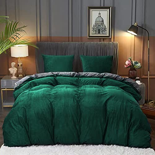 Nyescasa Winter Plüsch Bettwäsche 220x240 3Teilig Coral Fleece Flanell Dunkelgrün Grau Wendebettwäsche Cashmere Touch Bettbezug mit Reißverschluss und 2 Kissenbezug 80x80cm Doppelbett Deckenbezug