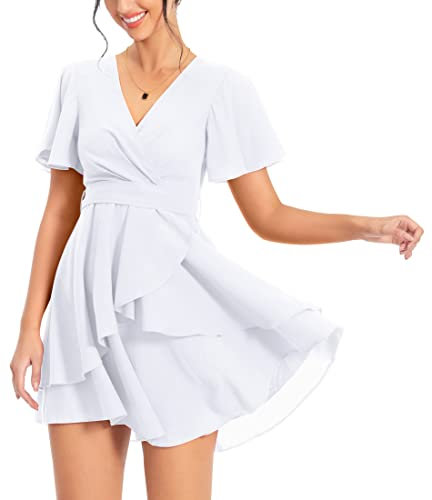 PCEAIIH Women's Cocktail Dresses Short Sleeve Empire Skater Dress Deep V-Neck Waist Tie Ruffle Mini Swing Dresses 2XL White