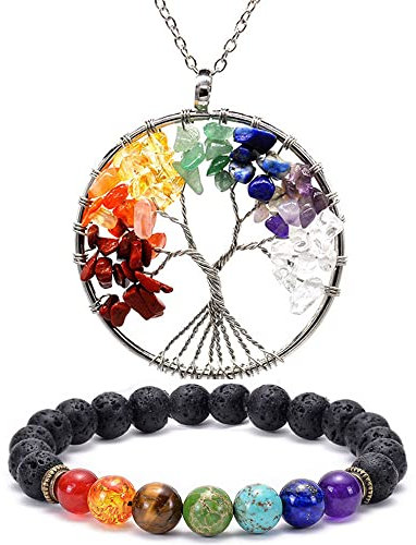 SARJAR Tree Necklace 7 Chakra Tree of Life Healing Crystal Necklace Pendant and Volcanic Stone Energy Yoga Bead Bracelet Gift for Women Girlfriend