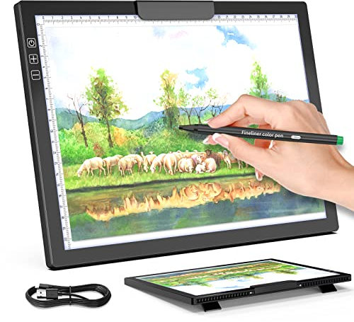 QENSPE A4 Tablette Lumineuse Rechargeable, LED Table Lumineuse Dessin Batterie avec Support et Clip, Réglable 6 Niveaux de Luminosité Portable Light Pad Enfant pour Diamond Painting, Calligraphie