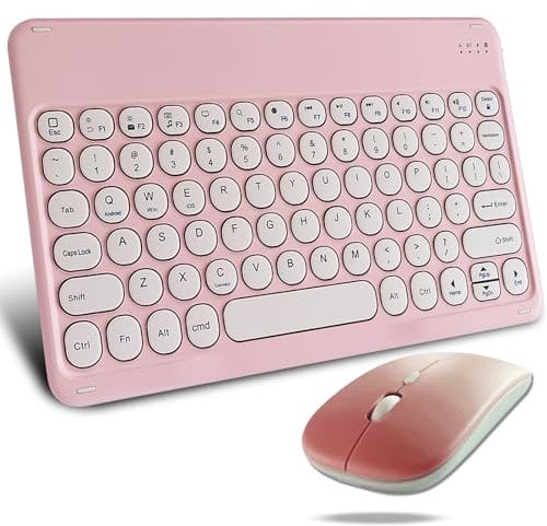 KeautFair Portable Wireless Bluetooth Keyboard and Mouse Set,QWERTY Layout Round Keys Cordless Rechargeable 10“Ultra Slim Cordless Quiet 1200DPI for Windows/iOS/Android PC/Laptop/iPad/Smartphone(Pink)