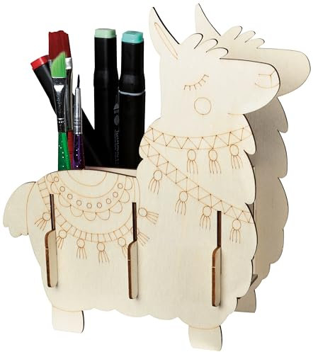 Pebaro 477/2 Holzbausatz Laser Cut Stiftehalter Lama, 3D Puzzle, Basteln mit Holz, Holzpuzzle, vorgestanzte Holzplatte, inkl. Schmirgelpapier, ausbrechen, zusammenstecken, fertig, Geschenkidee