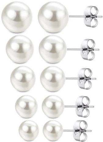 OQKAHIV 5 Paar Faux Perlen Ohrstecker für Frauen Mädchen, Perlenohrringe, Weiße Perlenohrstecker, Damen Ohrstecker, Perlen Ohrringe Damen, Runde Kugel Perlen Ohrringe ür Damen Hypoallergen