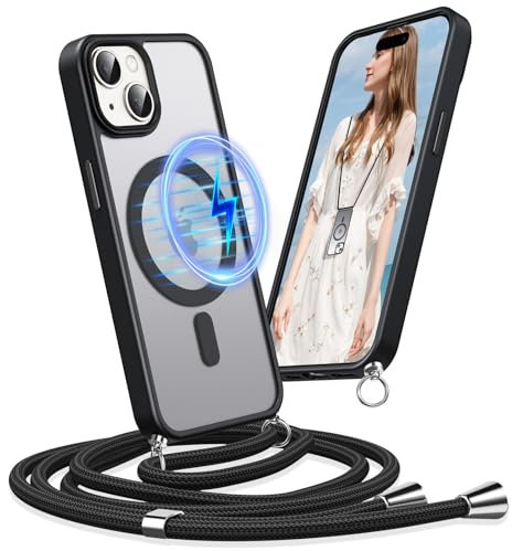 Buoluoioir Coque pour Apple iPhone 15 avec Cordon,Etui avec Coque pour MagSafe iPhone 15 6.1,Compatible avec magnétique,Coque Translucide Collier Chaîne,Dos Mat,Crossbody,Noir