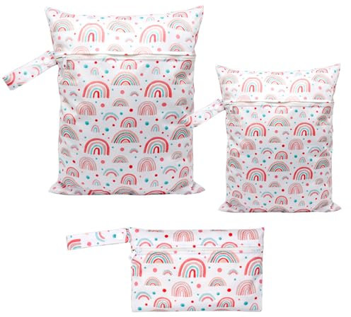YNR 3 Pcs Reusable Wet Bag Organiser,Washable Cloth Diaper Bags,Rainbow Baby Nappy Wet Bag with Zipper for Baby Items,Waterproof Wet Swimsuit Bag for Travel Beach Camping Gym Swimming Beach