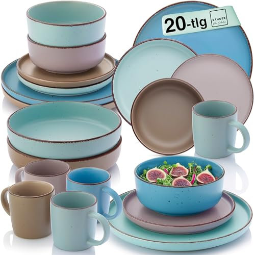 SÄNGER Bombay Meeresboden | Kombiservice 20 teilig, Steingut Geschirr 4 Personen, 4x Speiseteller 4x Dessertteller 4x Schalen 4x Pastateller 4x Kaffeebecher, Teller Set bunt | VALUE COLLECTION