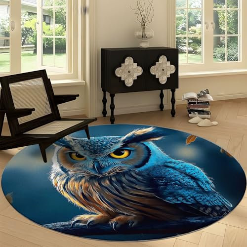 60 cm Runder Rutschfester Teppich, Eule mit Braunen Federn Waschbarer Runder Rugs, Animalprint Runde Teppich für Küche, Waschraum, Wohnzimmer, Esszimmer