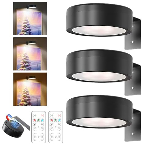 3 Pezzi Quadri Senza Fili con Telecomando, 3 Colori Di Luce Regolabili Luce per Quadri Magnetiche, Luminosità Regolabileluci per Quadri da Parete Senza Fili per Quadri, Cornici, Ritratti, Opere D'Arte