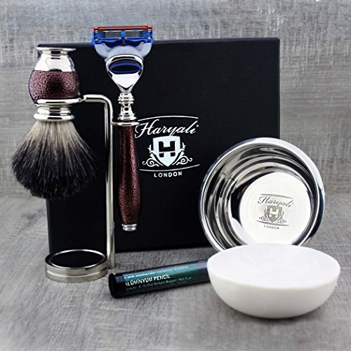 Haryali London - Juego de afeitado para hombre, 6 piezas, 5 filos de seguridad con cepillo de afeitar de pelo de tejón negro, soporte, jabón, cuenco y alumno, perfecto regalo para hombres