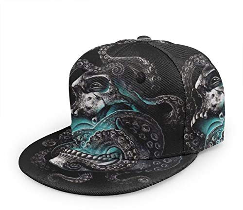 Bettiboy Cthulhu Totenkopf mit Tentakeln Snapback Verstellbare Flat Bill Baseball Cap Baumwolle Visier Hut Einfarbig Sonnenkappen für Outdoor Sport Herren Damen Schwarz