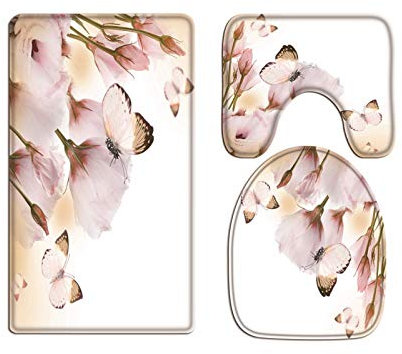 A.Monamour Badezimmer Badematte 3 Teilig Set Romantischer Blumenstrauß Von Rosa Rosen Und Schmetterlinge Flanell WC Toilette Deckel Deckt Bad Matte Teppich Badteppiche Badvorleger Badgarnitur Vorleger