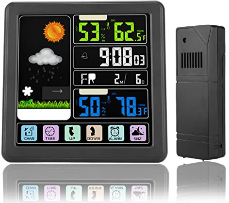 Intelligenter Wecker, Bunter LCD-Touchscreen, Digitale Wetterstation, Radio, Multifunktionale Drahtlose Wettervorhersage mit Wecker, Temperatur-Feuchtigkeitsmesser für Den Innenbereich(Schwarz)