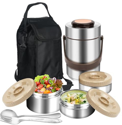 SSAWcasa Thermos for Hot Food,3 Tier 67oz Stackable Insulated Food Jar with Lunch Bag & Spoon Fork,Leakproof Stainless Steel Meal Bento Carrier Soup Container Box School Office Picnic Travel Outdoors