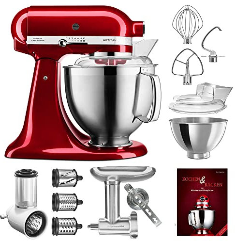 KitchenAid Küchenmaschine Artisan - P23 Vario Set Deluxe 185er (NM) - 5KSM185PSECA inkl. Gemüseschneider (5KSMVSA), Fleischwolf Ganzmetall (5KSMMGA) und Kochbuch (Kochen & Backen)
