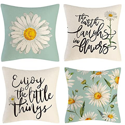 OCEUMACO Leinen Kissenbezug 50x50 Gänseblümchen Kissenhülle 4er Set Quadratisch Sofakissen Dekokissen Bezug für Couch Blumen Spruch Kissen Kissenbezüge Outdoor Deko Zierkissen Couchkissen - Mint