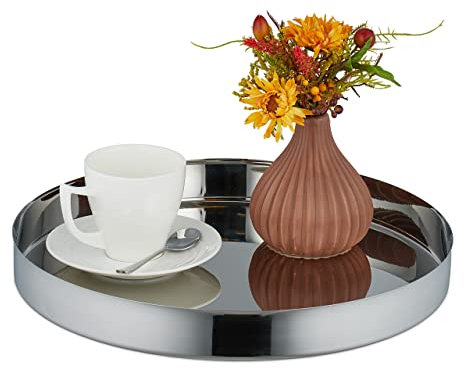 Relaxdays Plateau de Service Rond et Moderne, Bord surélevé, pour Petit-déjeuner au lit, Acier INOX, HD 4x35 cm, argenté