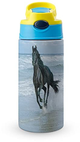 Bouteille En Acier Inoxydable Cheval Noir Gourde Isotherme Pour L'école Voyage Sport 500Ml 19x6.8 cm