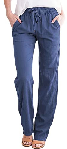 Yutdeng Women's Trousers Casual Cotton Linen Pants Elasticated Waist Pants with Pockets Summer Drawstring Lightweight Comfy Straight Loose Trousers for Sports Running,Navy,M