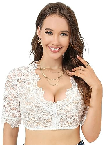 Vancavoo Maglietta Trasparente Donna Camicia Pizzo Camicetta Dirndl Bianca Tops Blusa Elegante Sexy Clubwear Bavarese Tradizionale Oktoberfest,Bianco,L