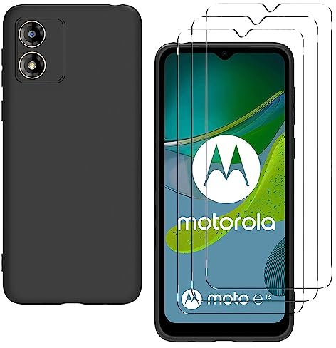 Xxmbbjy Cover per Motorola Moto E13 + 3 Pezzi Pellicola Vetro Temperato, Nero Custodia TPU Morbida Silicone Protezione Anti-Caduta Case per Motorola Moto E13