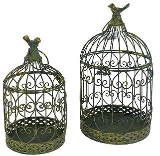 Blumenampel Metall 2er Set Hängeampel Vogelkäfig grüngold Vintage (11142)