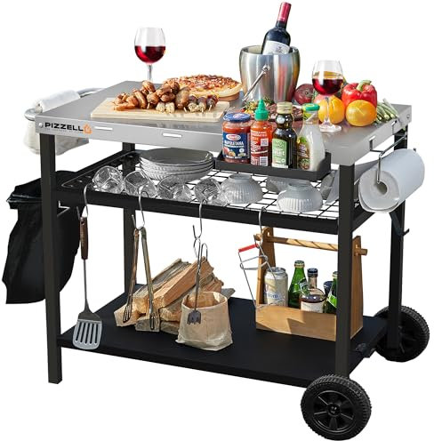 PIZZELLO Outdoor Grill Cart 95 cm x 62 cm Three-Shelf Pizza Oven Stand Table with Wheels Dining Cart Table for Outside Patio, Movable Kitchen Cooking Prep Table BBQ Cart with Stainless Steel Tabletop