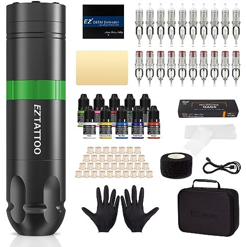 EZ Tattoo Maschinen Set - Tattoo Set Komplett mit Rotations Tattoo Maschine, 1500mAh Akku Stromversorgung, 20 Stück Tattoo Nadeln und 10 Farben Tinten für Tattoo Anfänger und Künstler (Caster S Grün)