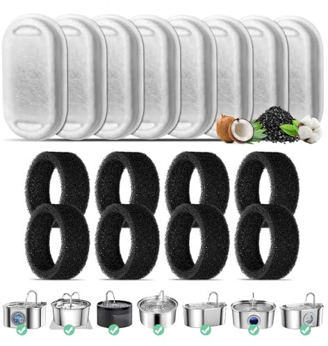 Filtre Fontaine Eau Chat, 8 pièces Filtres De Remplacement pour 3,2L/2L Fontaine à Eau pour Chat en Acier Inoxydable, 8 Filtres avec Charbon Actif et 8 Filtres en Mousse pour Fontaine pour Chat