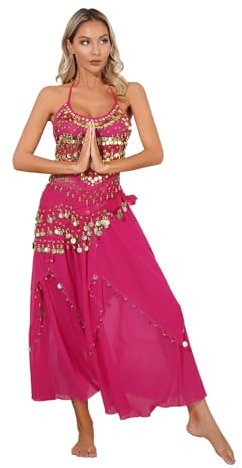 inlzdz Femme Ensemble Danse Orientale 3/4/5 Pièces Gilet Haut Danse du Ventre Hanche Écharpe Danse Belly Jupe Longue Déguisement Costume Danse Indienne Performance A Rose Vif 3PCS Taille Unique