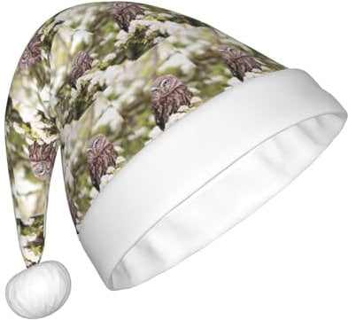 ZaKhs Weihnachtsmütze mit Eule und Blumendruck, Unisex, Plüsch, Weihnachtsmütze, niedliche Weihnachtsmütze für Neujahr, festliche Party