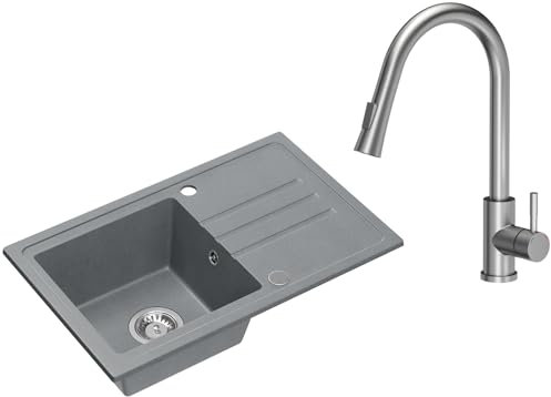 VBChome Spülbecken Granit Grau mit Armatur 70 x 44 cm Einzelbecken Einbauspüle Gesprenkelt Reversibel Granitspüle Siphon Waschbecken Armatur Inox Ausziehbarem Auslauf