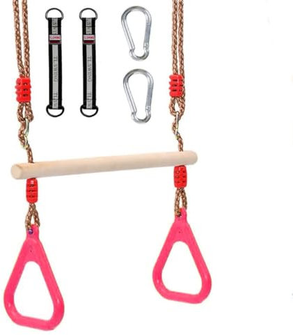 Morwealth Trapecio Columpio multifunción Infantil Columpio de Madera con Anillos de plástico, Anillos para Colgar, soporta hasta 120 kg para Interior y Exterior (Rosa)