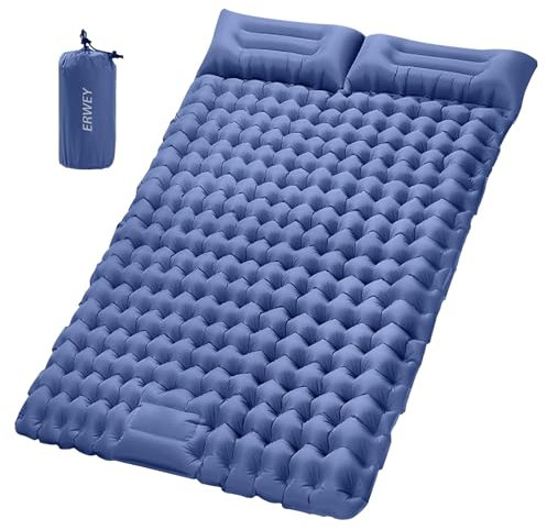 ERWEY Isomatte Selbstaufblasend 2 Personen 200x135 cm Ultraleicht Camping Isomatte Aufblasbar Luftmatratze Schlafmatte mit Fußpumpe Faltbar Schlafmatten mit Kissen, Navy Blau