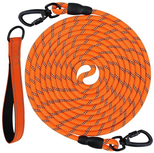 Joytale Schleppleine für Hunde - Starke Hundeleine für Große und Mittlere Hunde, Reflektierend, 15m mit Gepolsterter Griff und Abschließbarer Karabiner (Orange)