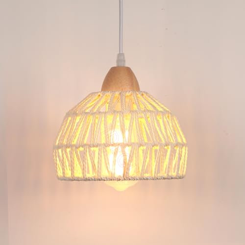 iDEGU 20cm Lámpara Colgante Vintage Luz Plafón Pantalla de Ratán y Madera Retro E27 Iluminación Colgante Estilo Bohemio Lámpara de Techo para Dormitorio Cocina Comedor Pasillo Salón (Ratán Blanco)